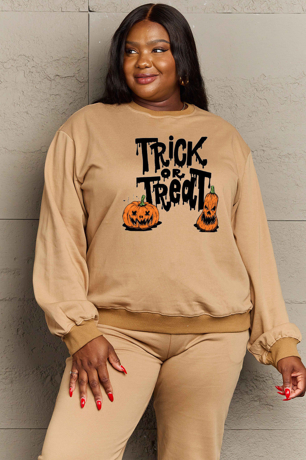 Simply Love Full Size TRICK OR TREAT Graphic Sweatshirt BLUE ZONE PLANET