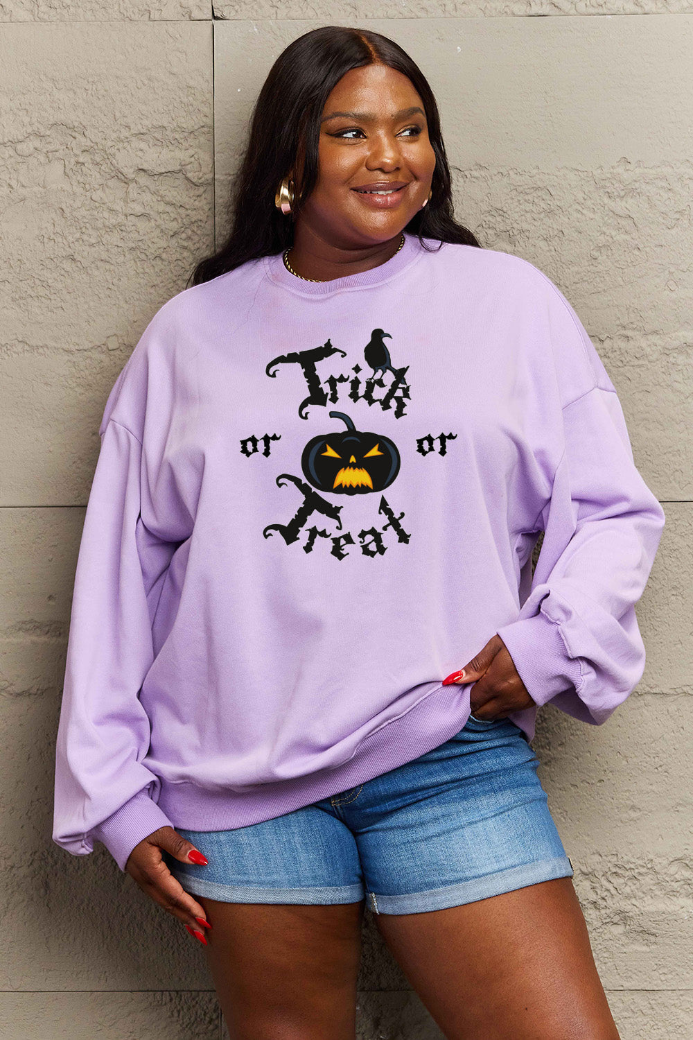Simply Love Full Size TRICK OR TREAT Graphic Sweatshirt BLUE ZONE PLANET