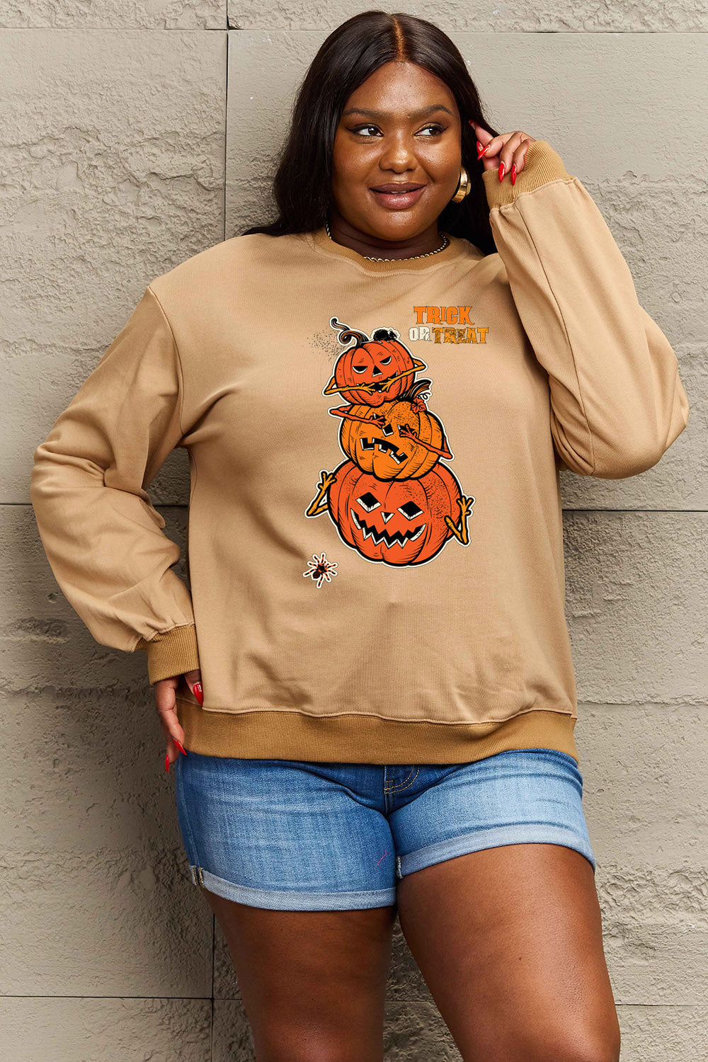 Simply Love Full Size TRICK OR TREAT Graphic Sweatshirt BLUE ZONE PLANET