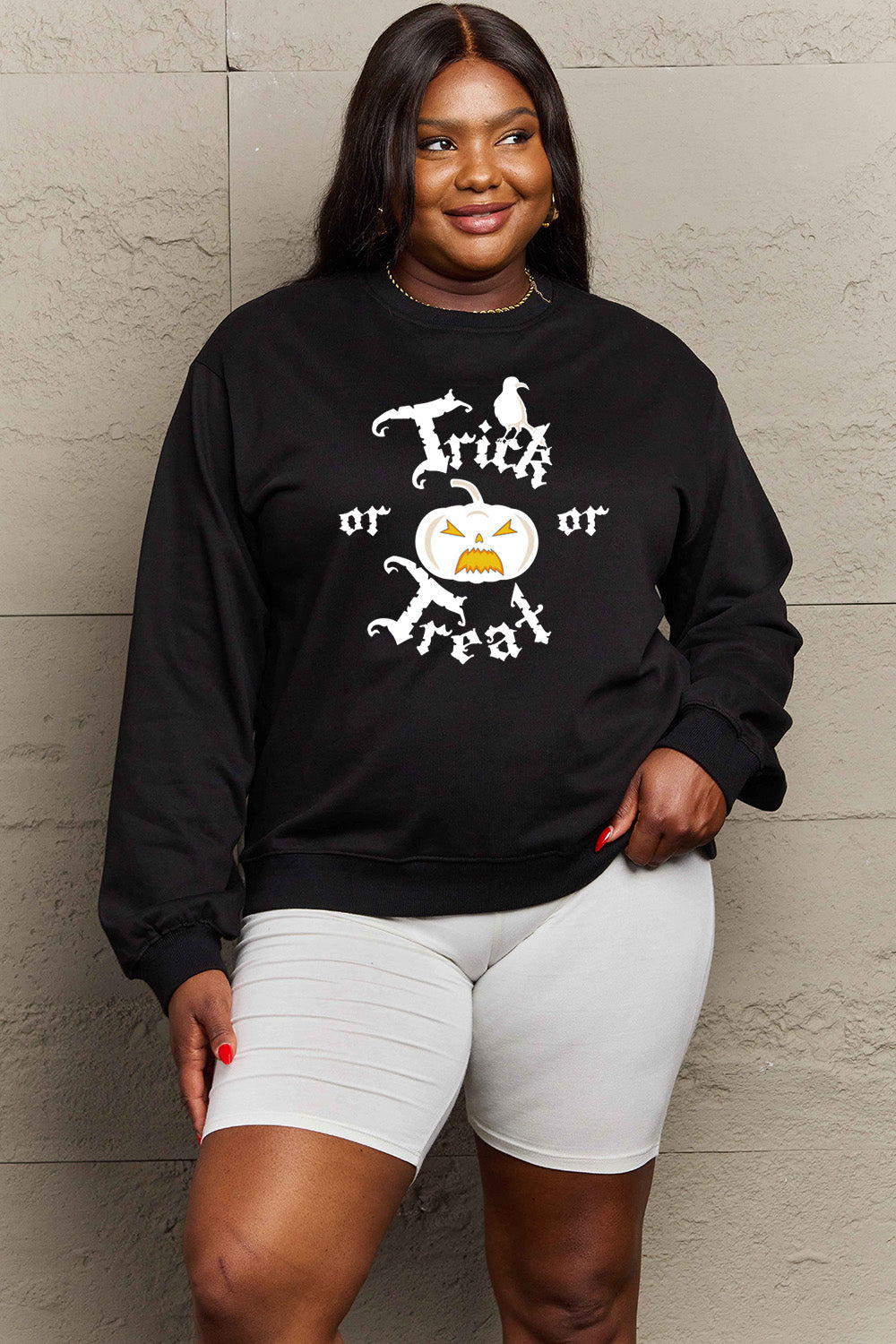 Simply Love Full Size TRICK OR TREAT Graphic Sweatshirt BLUE ZONE PLANET