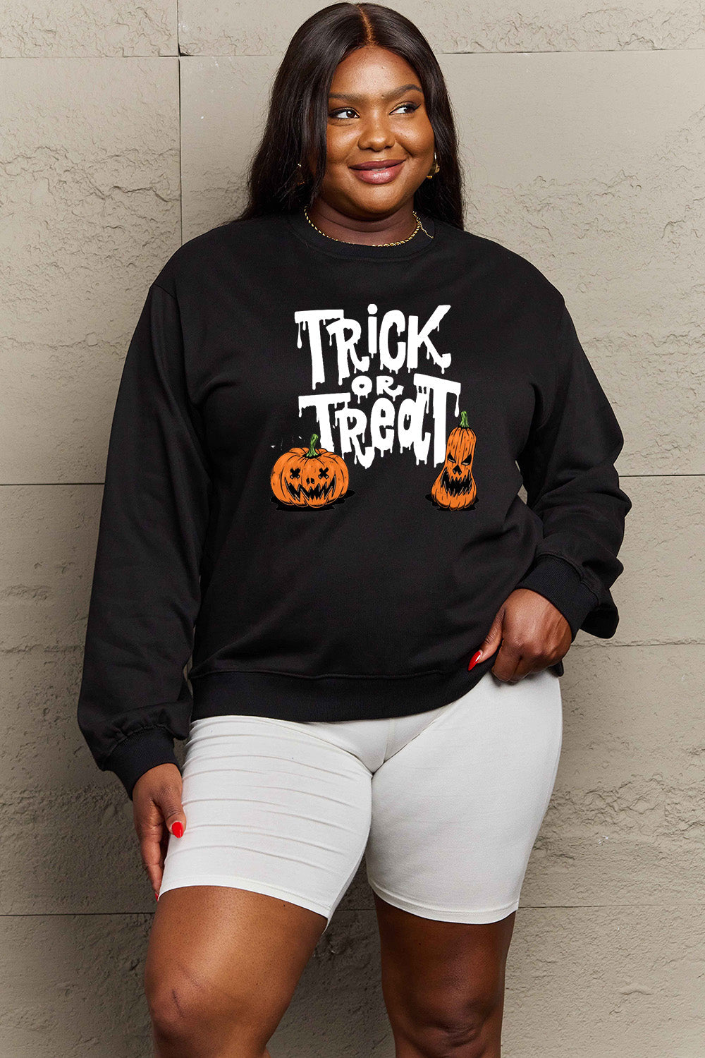 Simply Love Full Size TRICK OR TREAT Graphic Sweatshirt BLUE ZONE PLANET
