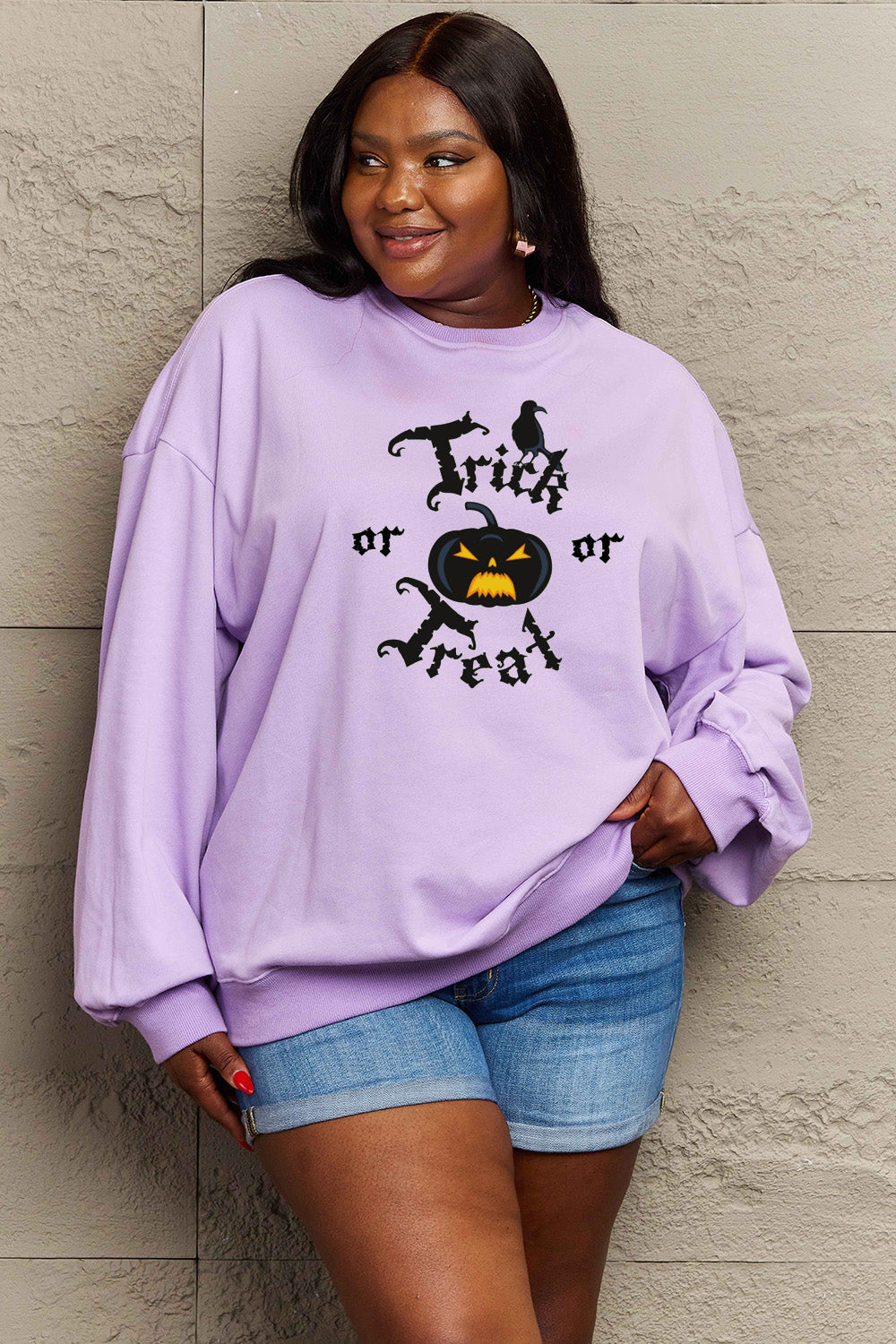 Simply Love Full Size TRICK OR TREAT Graphic Sweatshirt BLUE ZONE PLANET