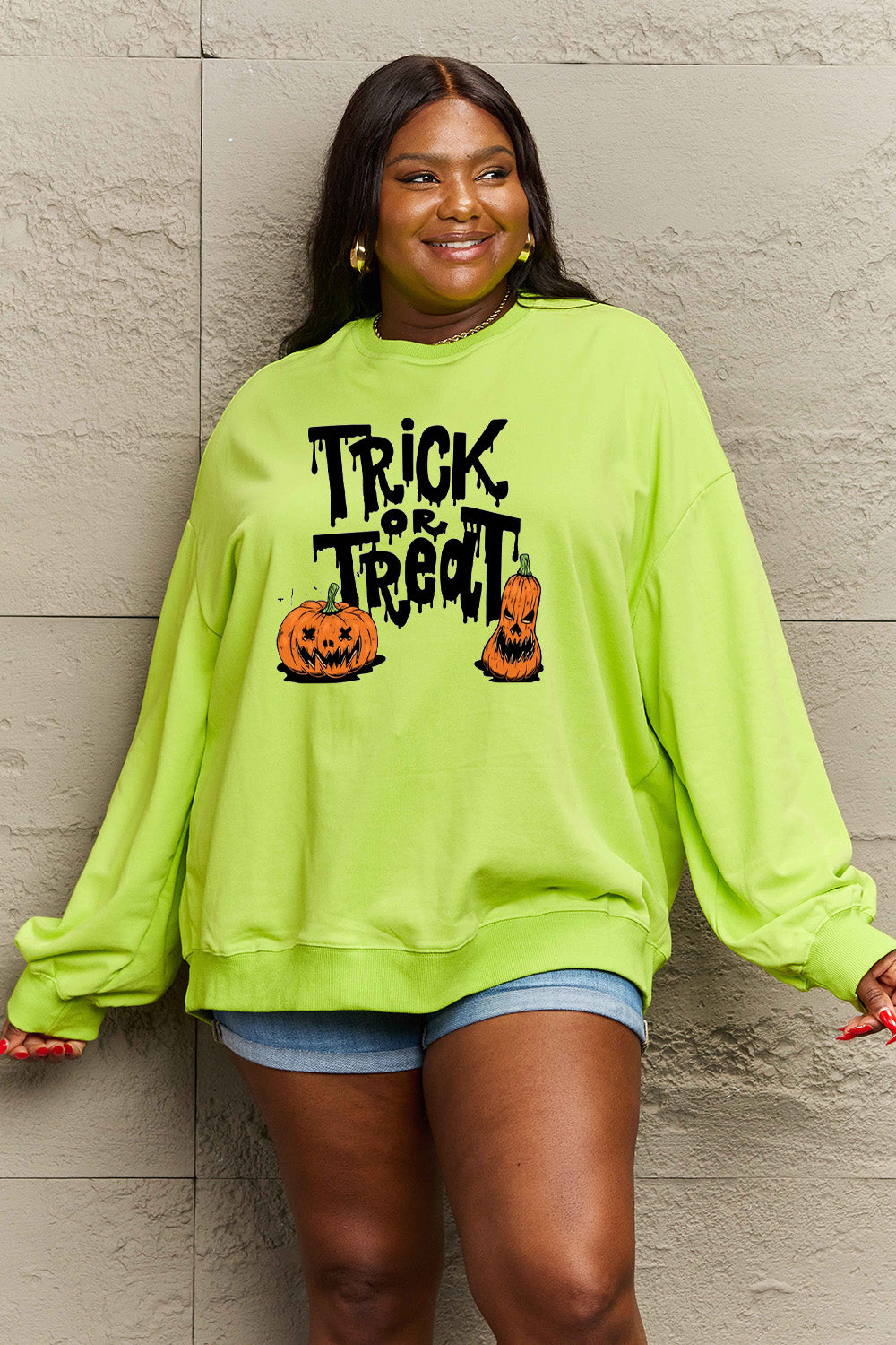 Simply Love Full Size TRICK OR TREAT Graphic Sweatshirt BLUE ZONE PLANET