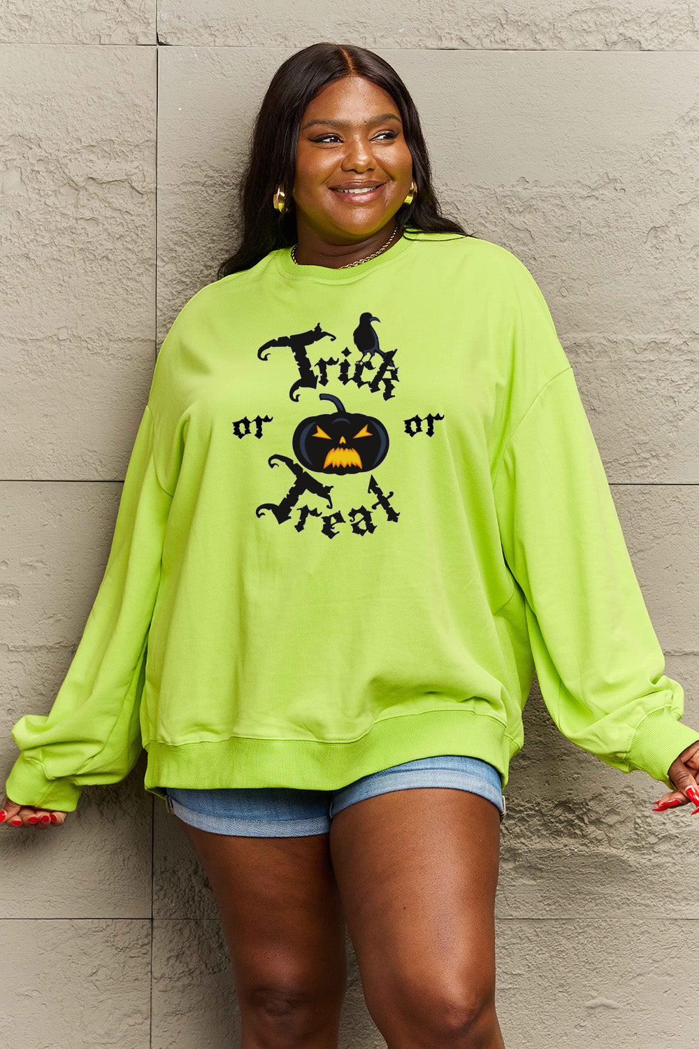 Simply Love Full Size TRICK OR TREAT Graphic Sweatshirt BLUE ZONE PLANET