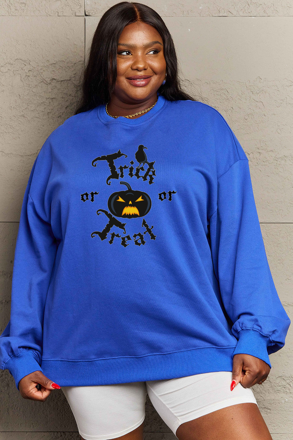 Simply Love Full Size TRICK OR TREAT Graphic Sweatshirt BLUE ZONE PLANET