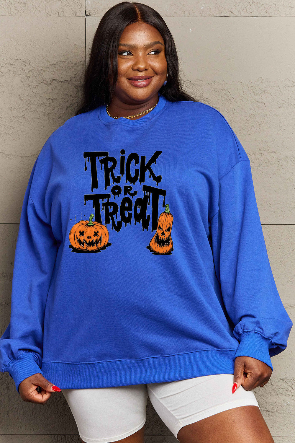Simply Love Full Size TRICK OR TREAT Graphic Sweatshirt BLUE ZONE PLANET