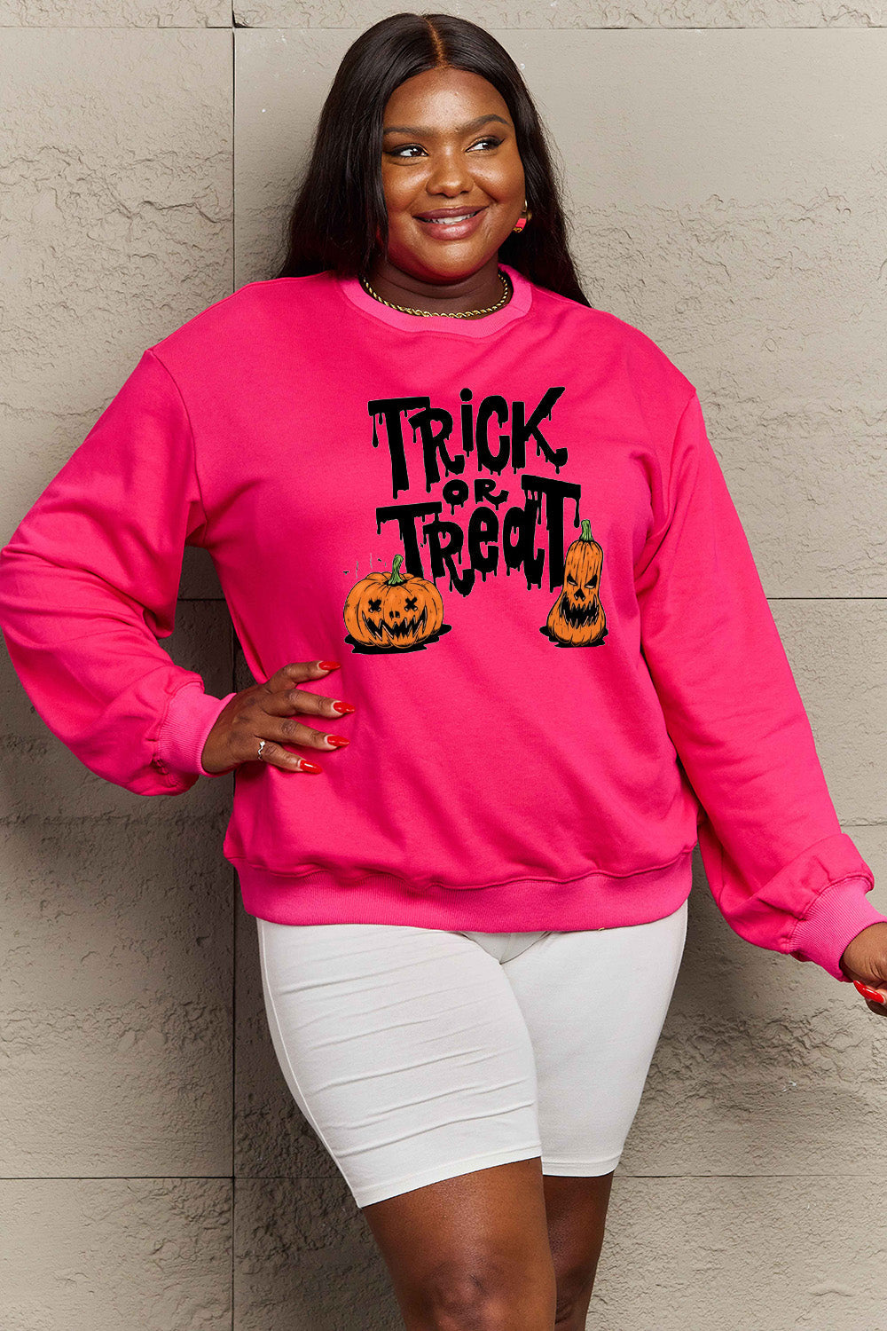 Simply Love Full Size TRICK OR TREAT Graphic Sweatshirt BLUE ZONE PLANET