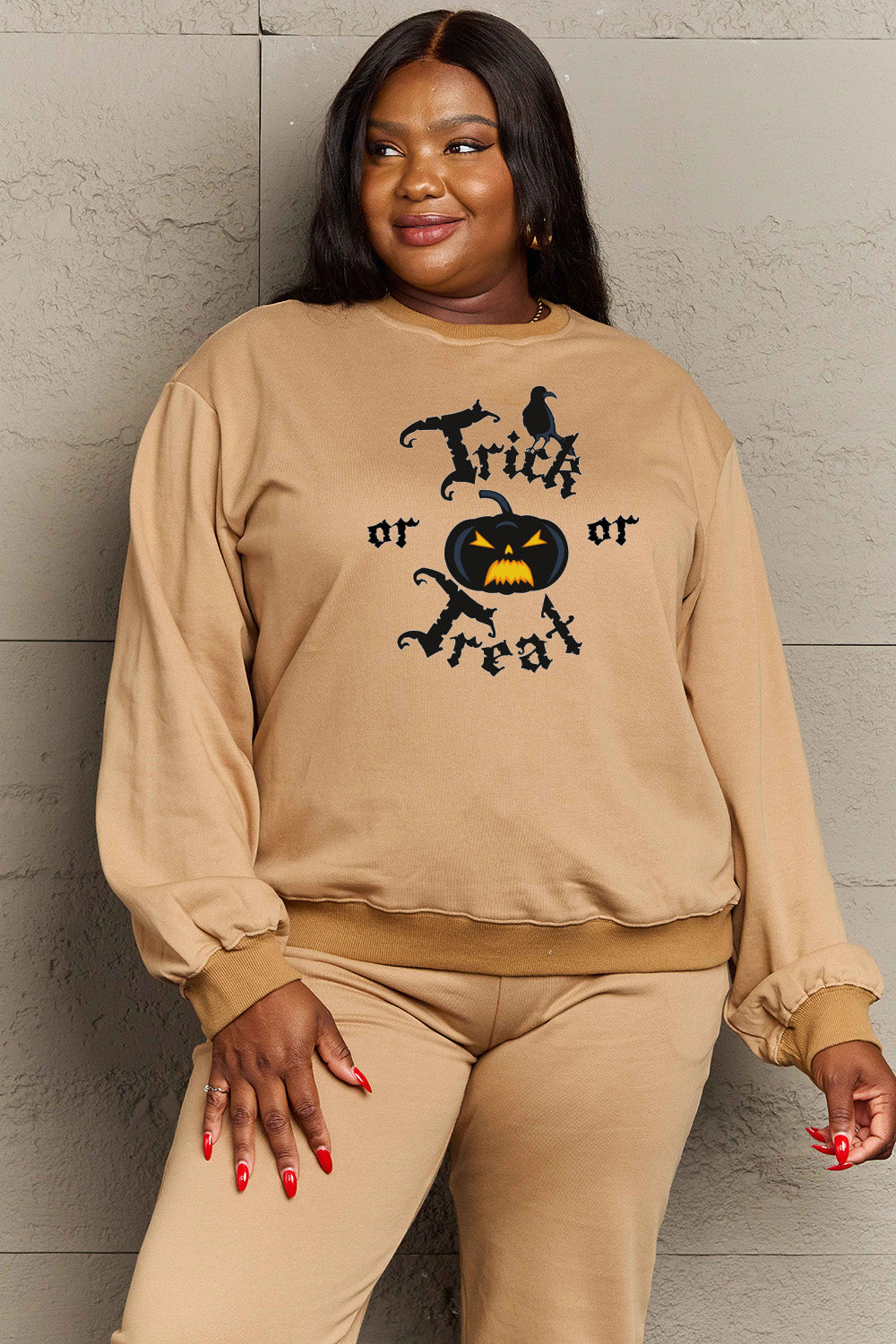Simply Love Full Size TRICK OR TREAT Graphic Sweatshirt BLUE ZONE PLANET