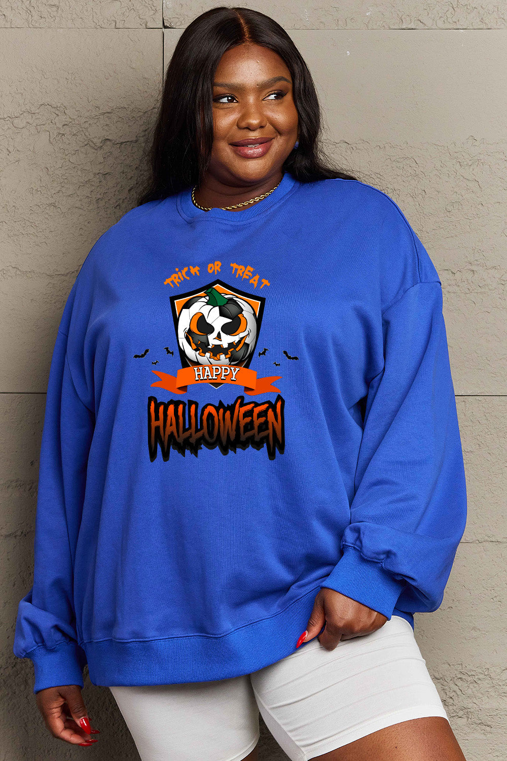 Simply Love Full Size TRICK OR TREAT HAPPY HALLOWEEN Graphic Sweatshirt BLUE ZONE PLANET