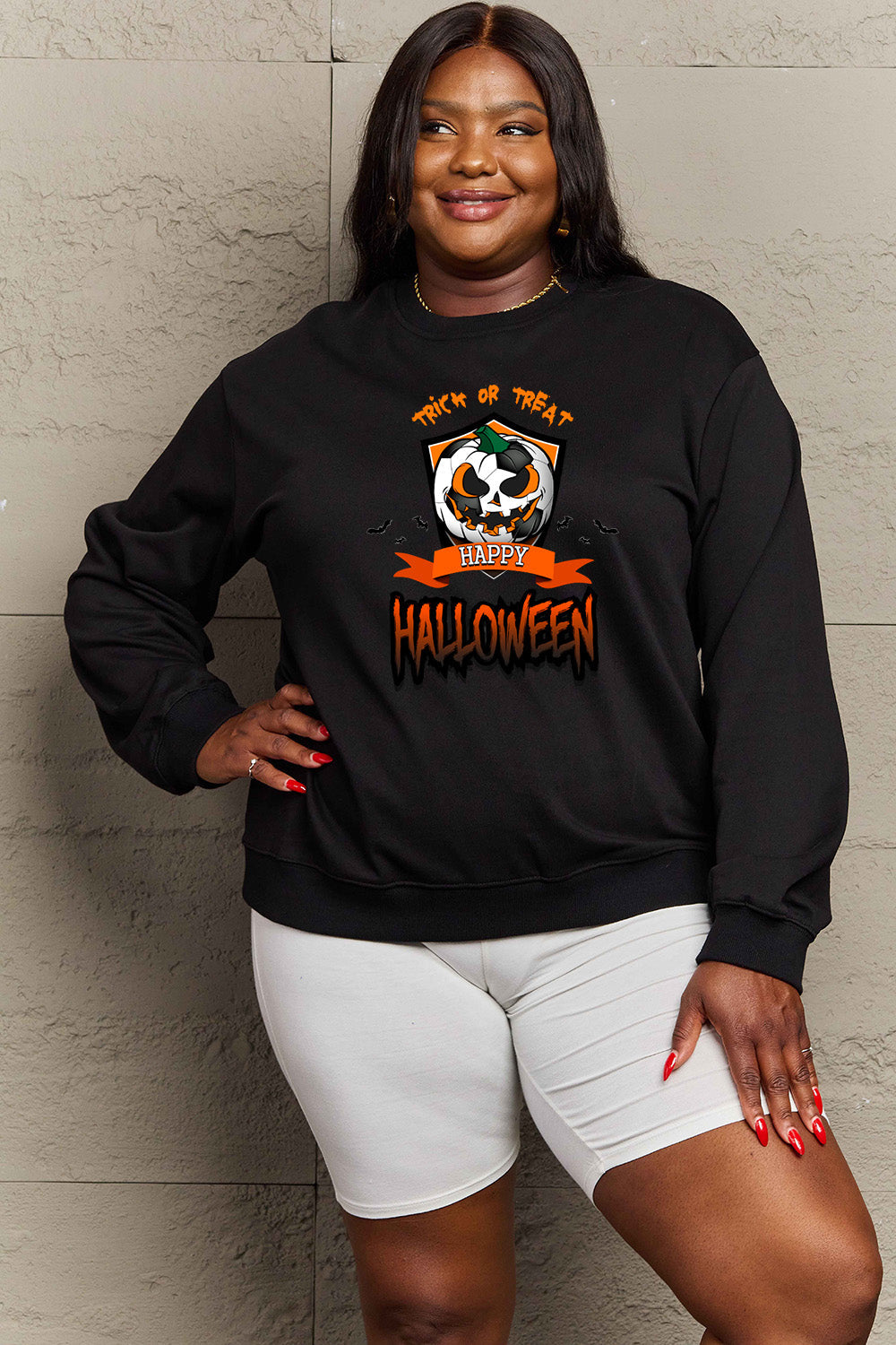 Simply Love Full Size TRICK OR TREAT HAPPY HALLOWEEN Graphic Sweatshirt BLUE ZONE PLANET
