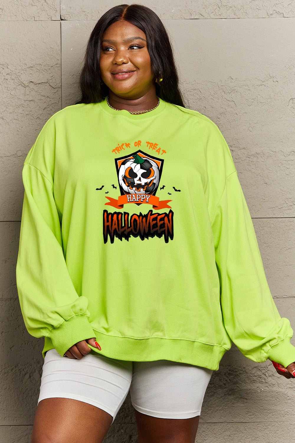 Simply Love Full Size TRICK OR TREAT HAPPY HALLOWEEN Graphic Sweatshirt BLUE ZONE PLANET