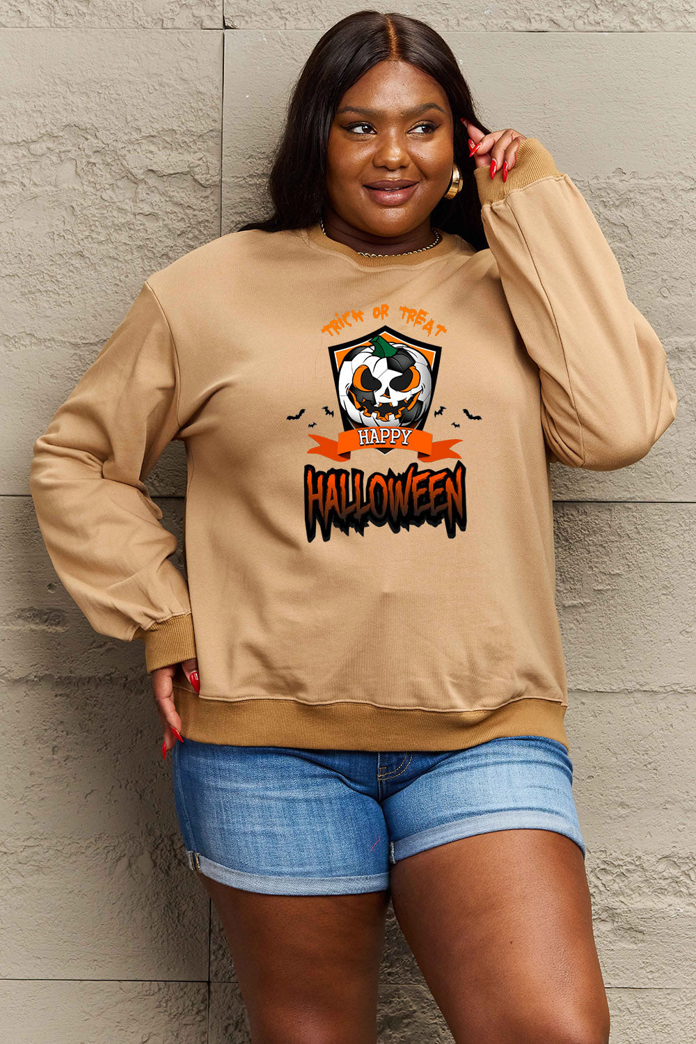 Simply Love Full Size TRICK OR TREAT HAPPY HALLOWEEN Graphic Sweatshirt BLUE ZONE PLANET