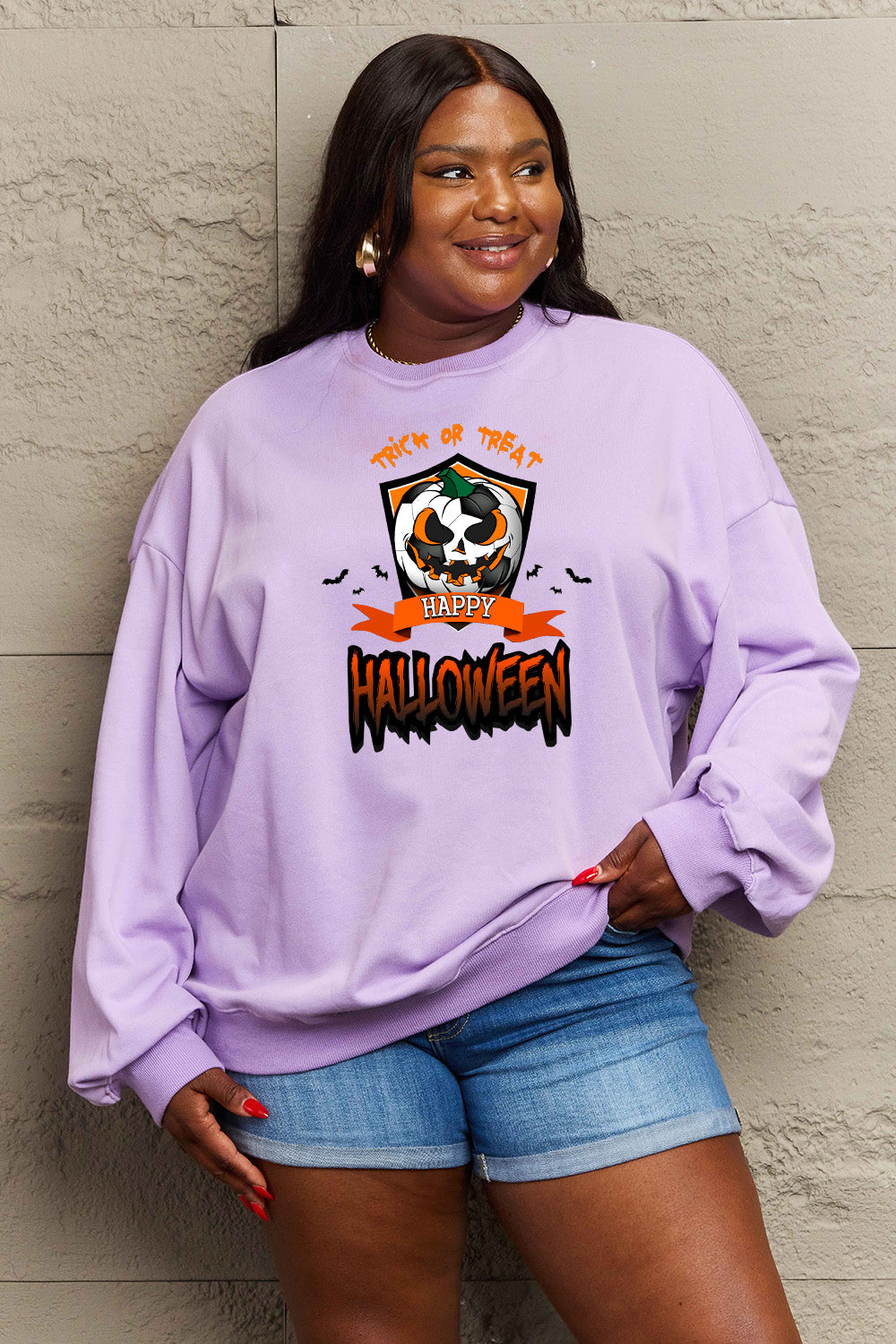 Simply Love Full Size TRICK OR TREAT HAPPY HALLOWEEN Graphic Sweatshirt BLUE ZONE PLANET