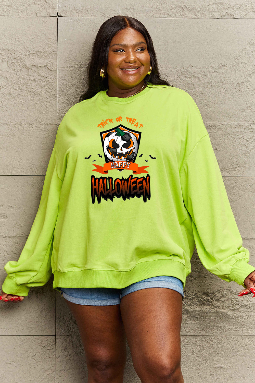 Simply Love Full Size TRICK OR TREAT HAPPY HALLOWEEN Graphic Sweatshirt BLUE ZONE PLANET
