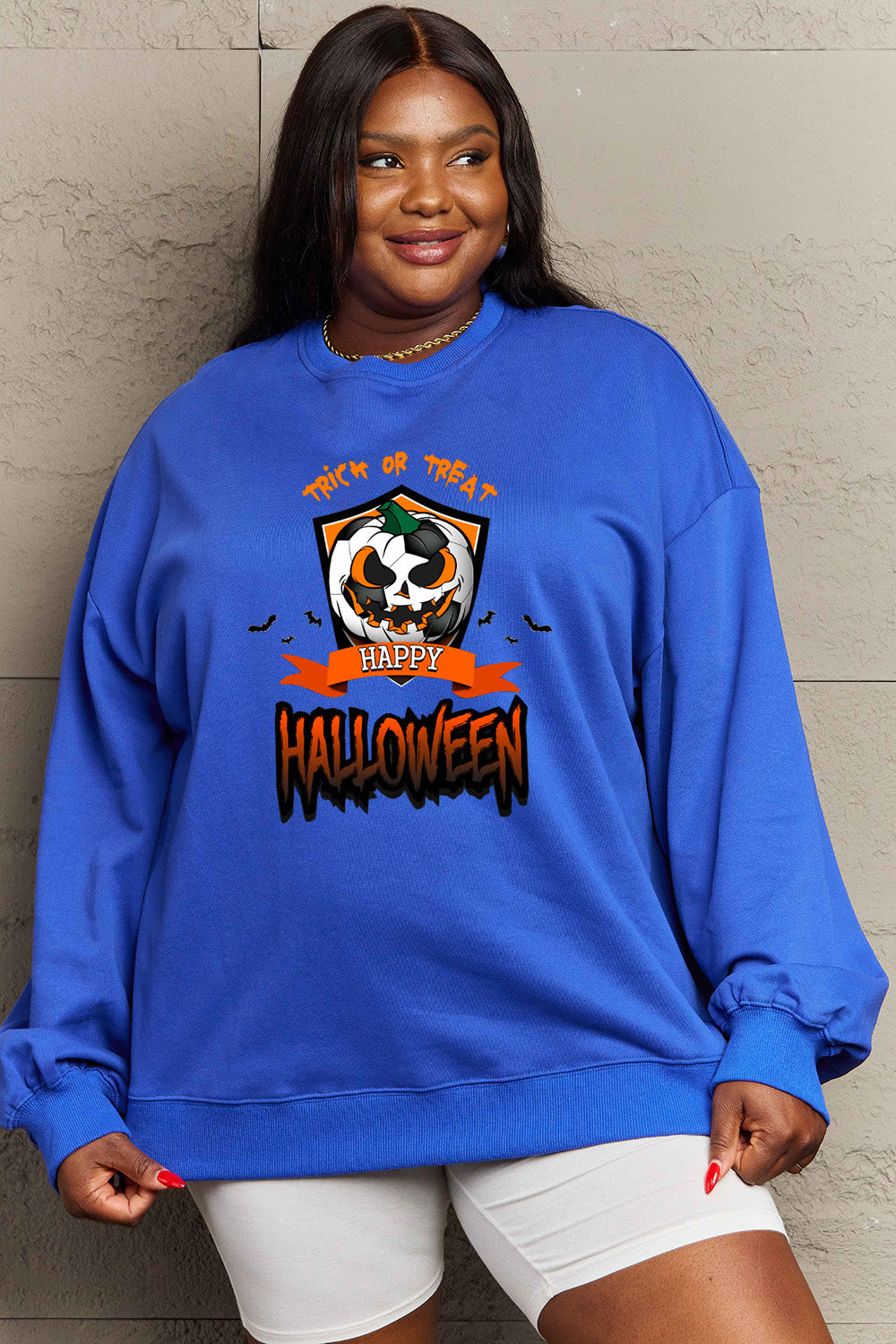 Simply Love Full Size TRICK OR TREAT HAPPY HALLOWEEN Graphic Sweatshirt BLUE ZONE PLANET