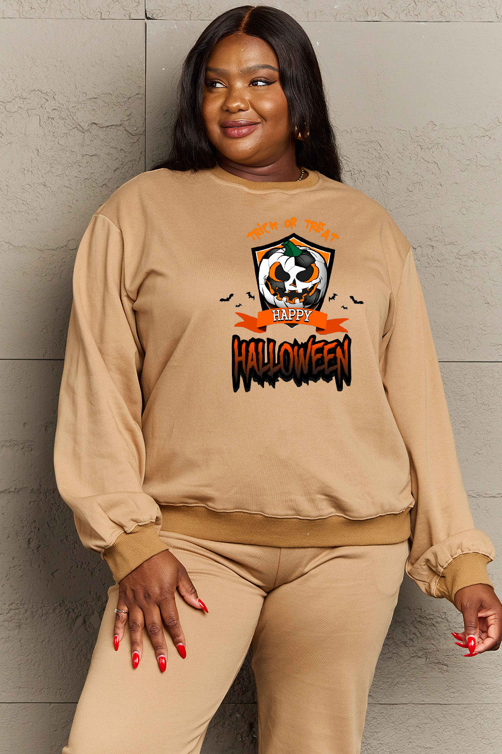 Simply Love Full Size TRICK OR TREAT HAPPY HALLOWEEN Graphic Sweatshirt BLUE ZONE PLANET