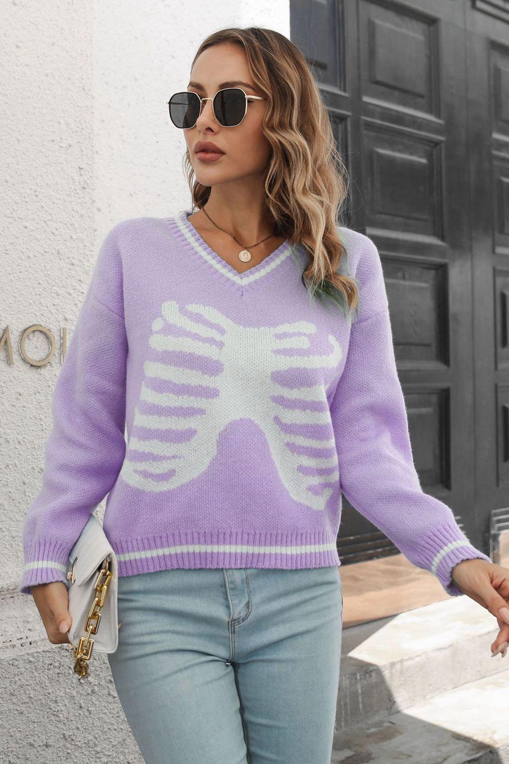 Skeleton Pattern V-Neck Long Sleeve Pullover Sweater BLUE ZONE PLANET