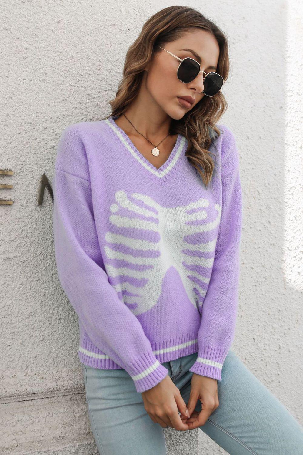 Skeleton Pattern V-Neck Long Sleeve Pullover Sweater BLUE ZONE PLANET