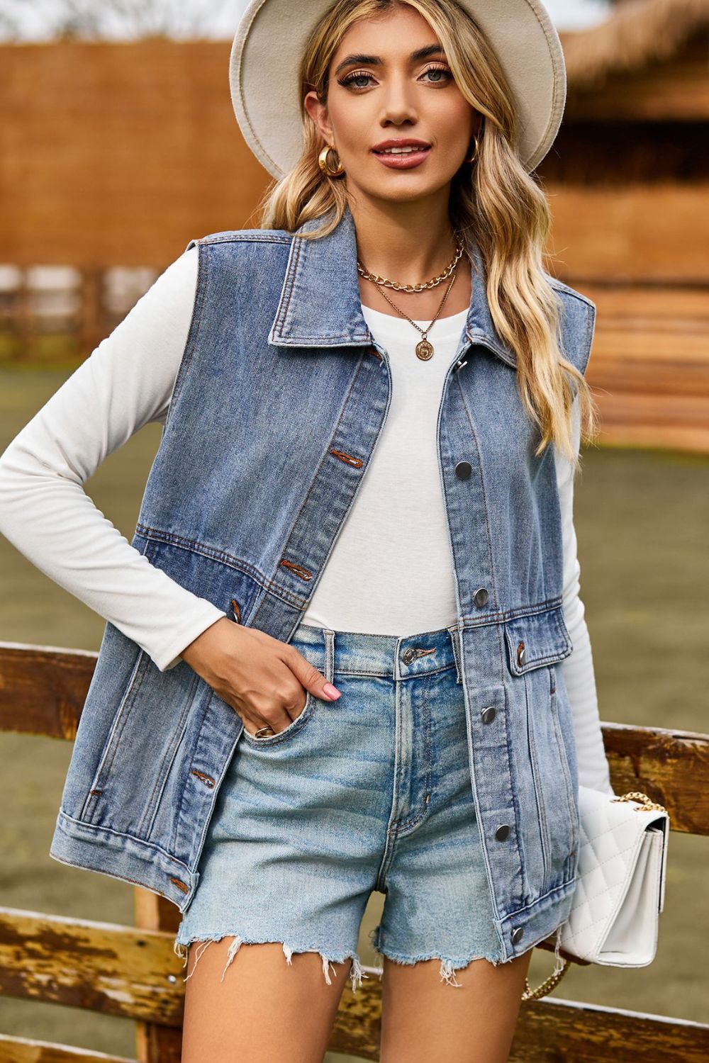 Sleeveless Collared Neck Denim Top with Pockets BLUE ZONE PLANET