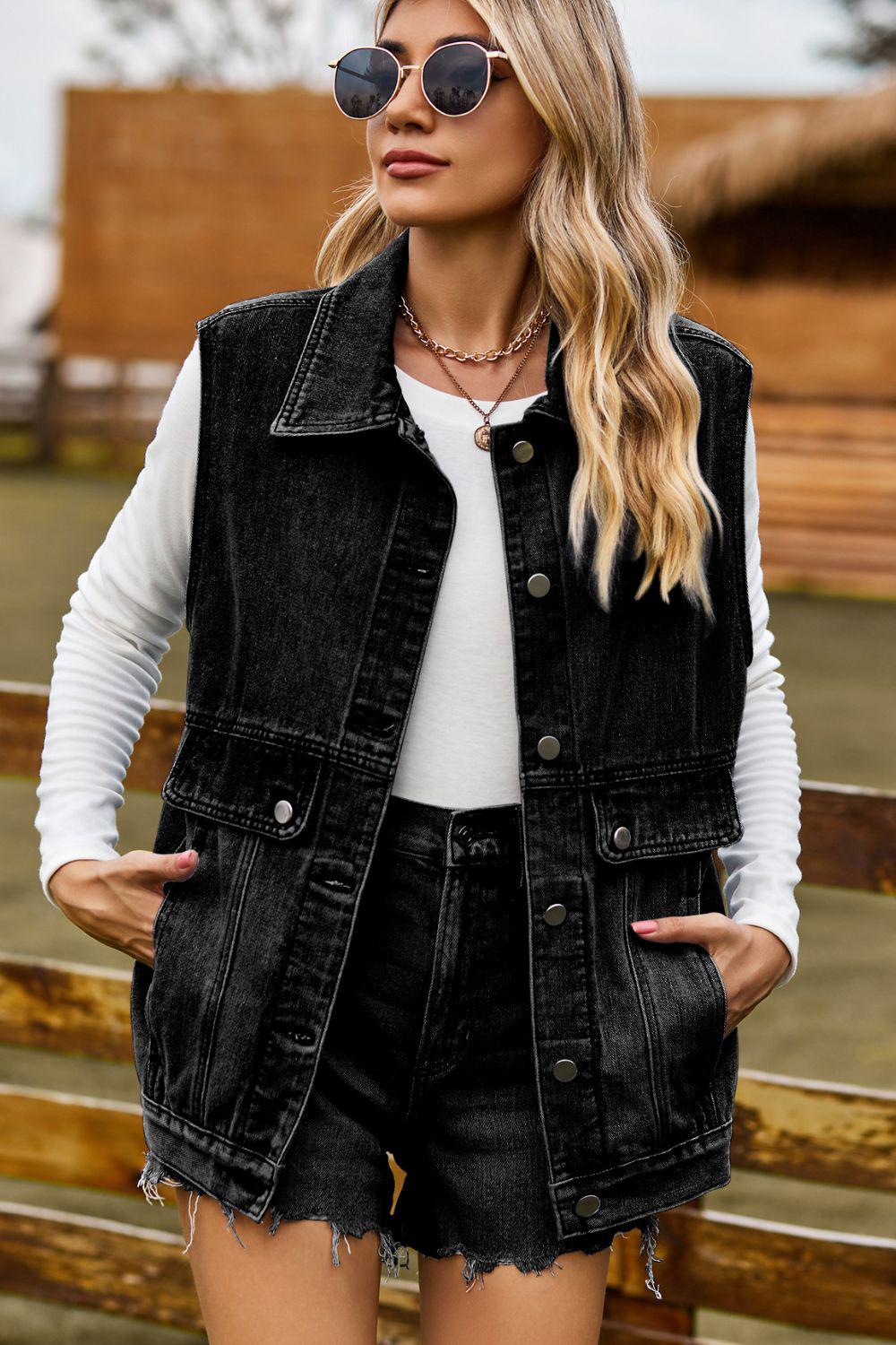 Sleeveless Collared Neck Denim Top with Pockets BLUE ZONE PLANET