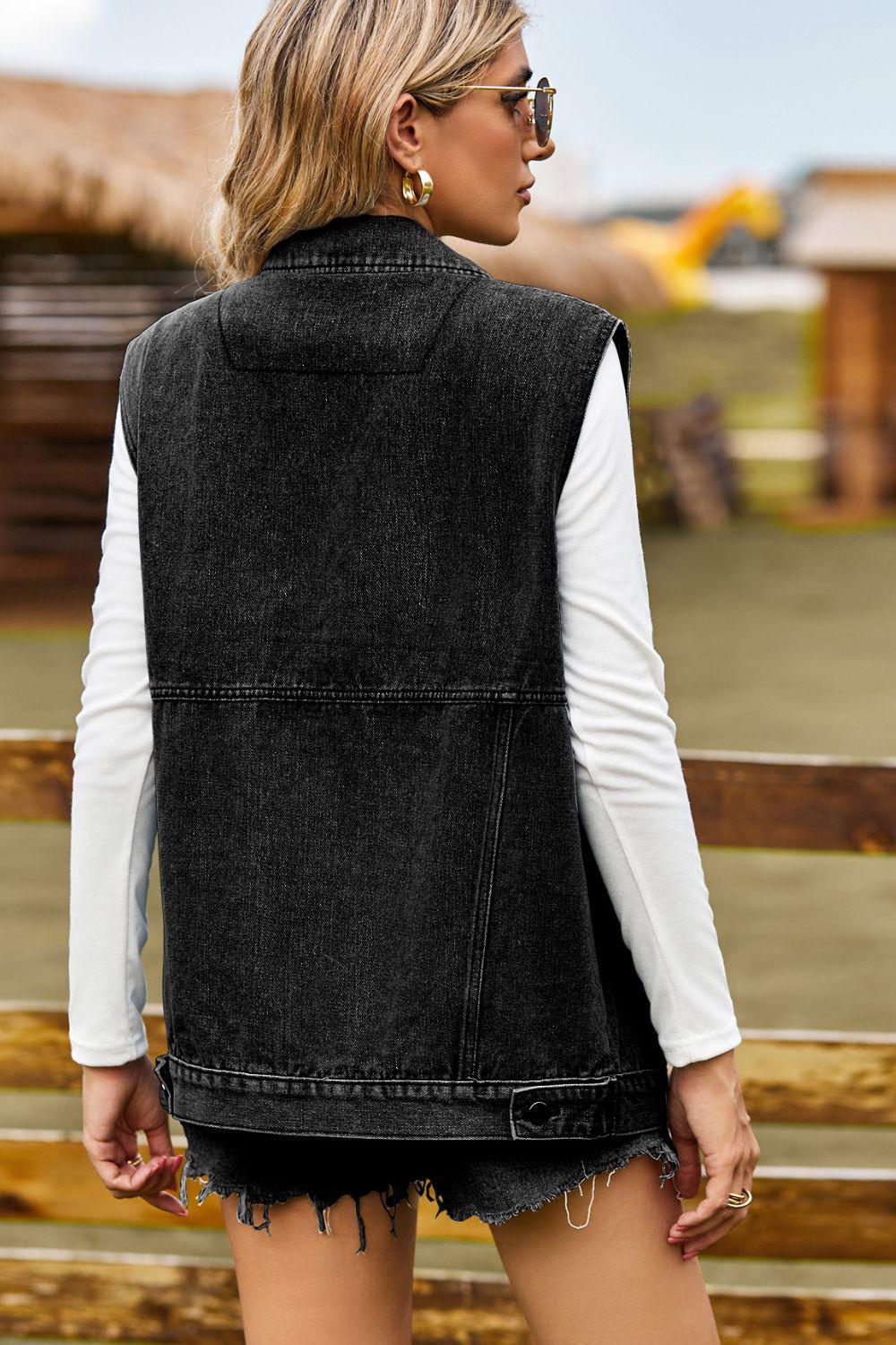 Sleeveless Collared Neck Denim Top with Pockets BLUE ZONE PLANET