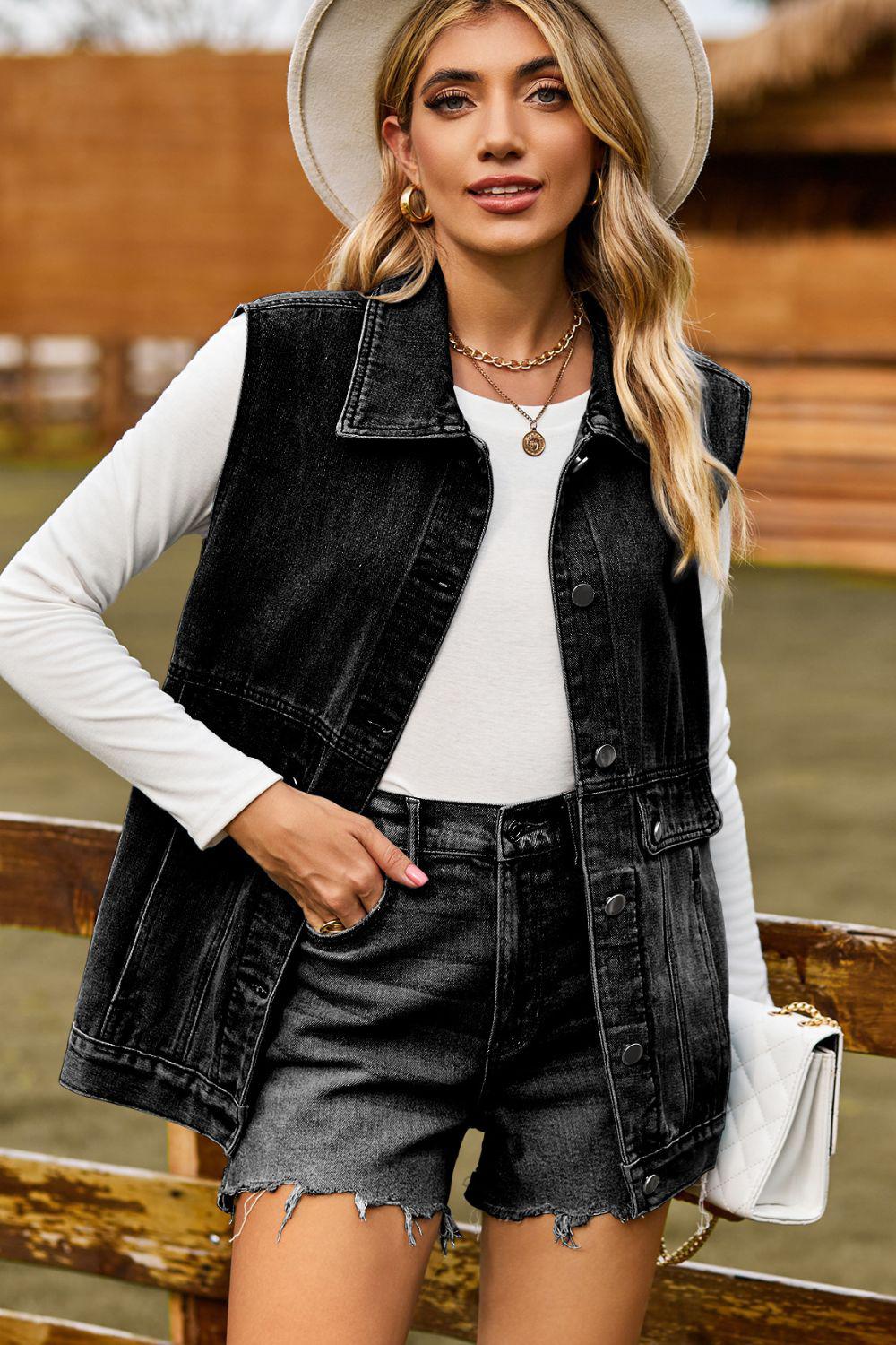 Sleeveless Collared Neck Denim Top with Pockets BLUE ZONE PLANET