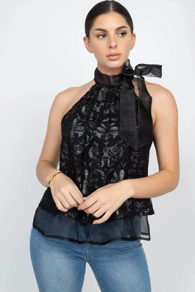 Sleeveless Mock Neck Tie Keyhole Top Blue Zone Planet