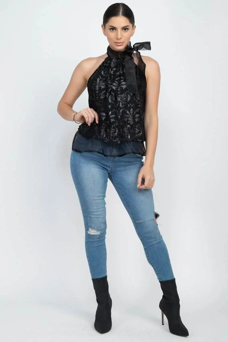 Sleeveless Mock Neck Tie Keyhole Top Blue Zone Planet