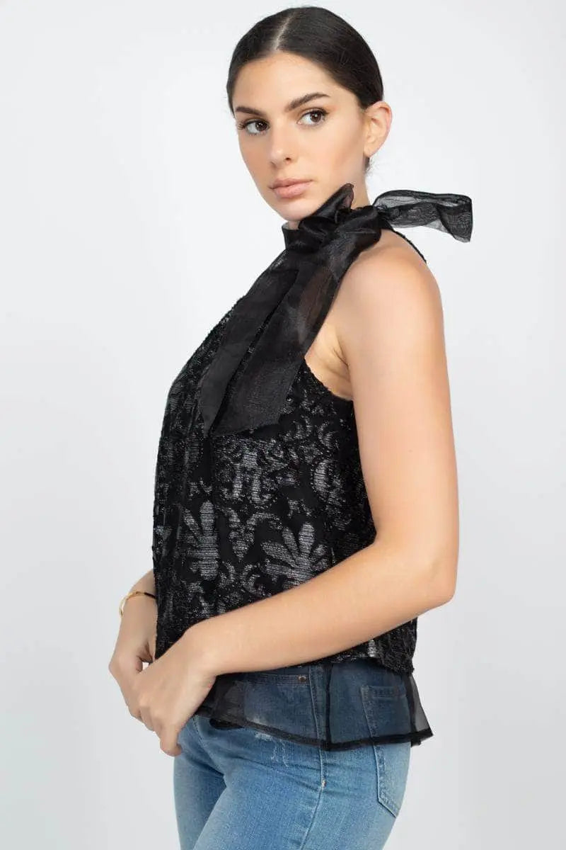 Sleeveless Mock Neck Tie Keyhole Top Blue Zone Planet