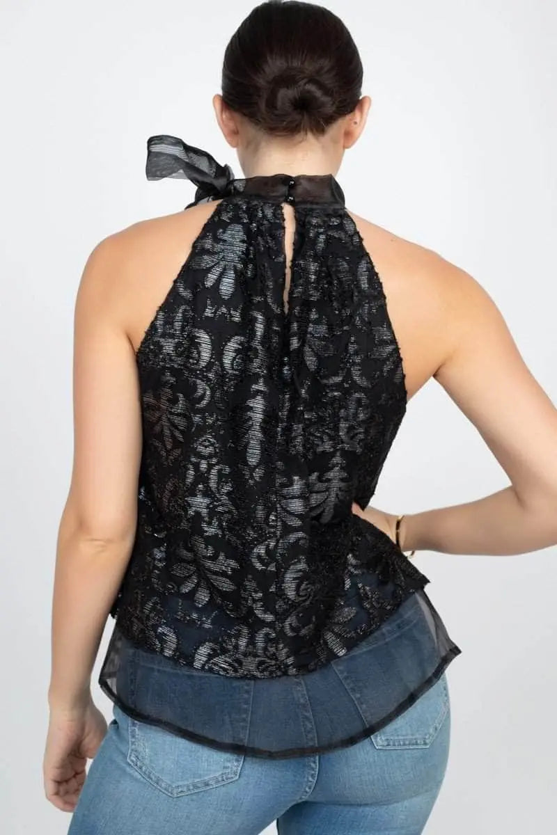 Sleeveless Mock Neck Tie Keyhole Top Blue Zone Planet