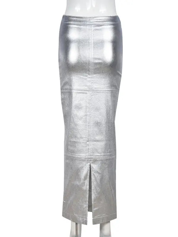Slim Fit Hip Covering Spliced Slit PU Leather Skirt kakaclo