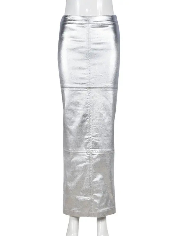 Slim Fit Hip Covering Spliced Slit PU Leather Skirt kakaclo