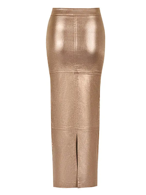 Slim Fit Hip Covering Spliced Slit PU Leather Skirt kakaclo