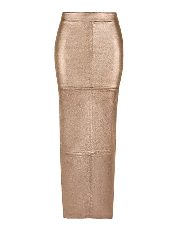 Slim Fit Hip Covering Spliced Slit PU Leather Skirt kakaclo