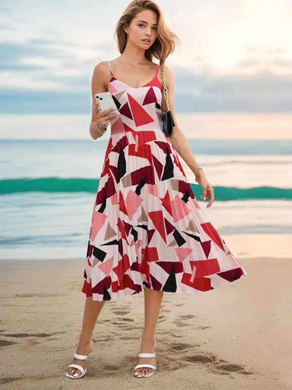 Sling Holiday Geometric Print A-Line Midi Dress kakaclo