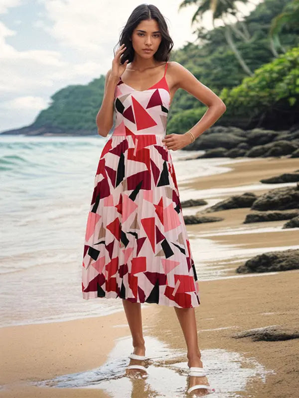 Sling Holiday Geometric Print A-Line Midi Dress kakaclo