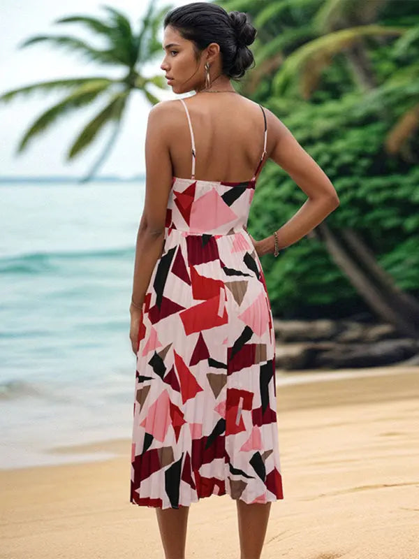 Sling Holiday Geometric Print A-Line Midi Dress kakaclo