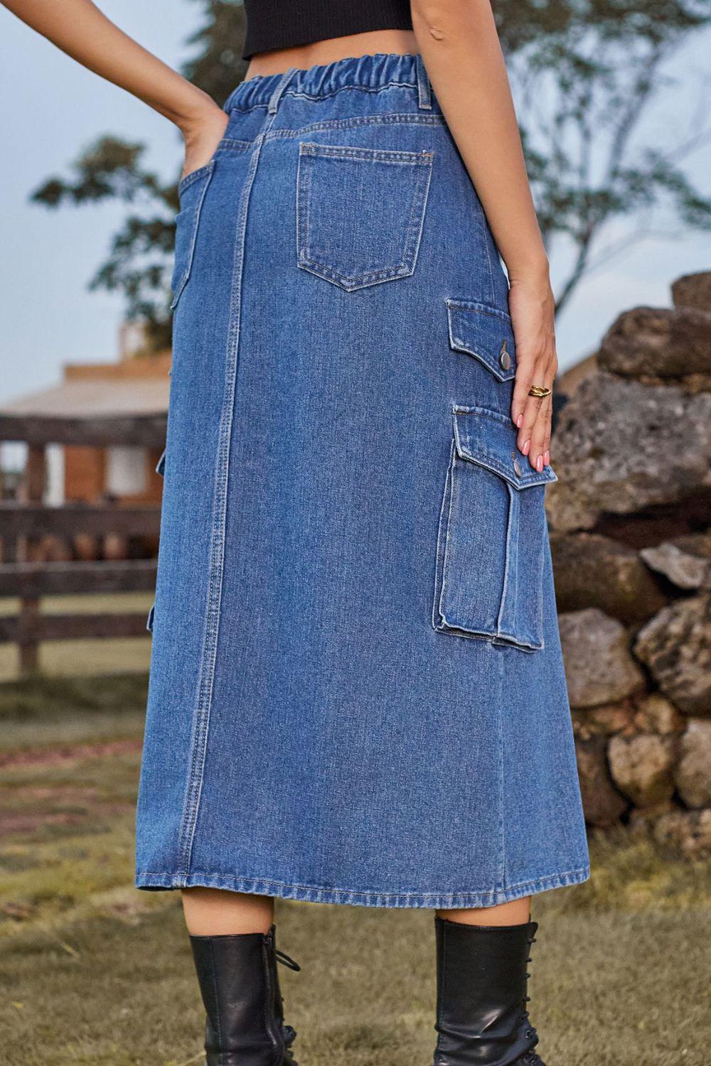 Slit Front Midi Denim Skirt with Pockets BLUE ZONE PLANET