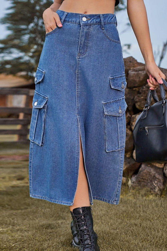 Slit Front Midi Denim Skirt with Pockets BLUE ZONE PLANET