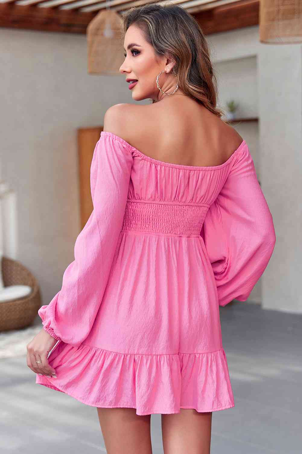Blue Zone Planet | Smocked Balloon Sleeve Off-Shoulder Mini Dress BLUE ZONE PLANET
