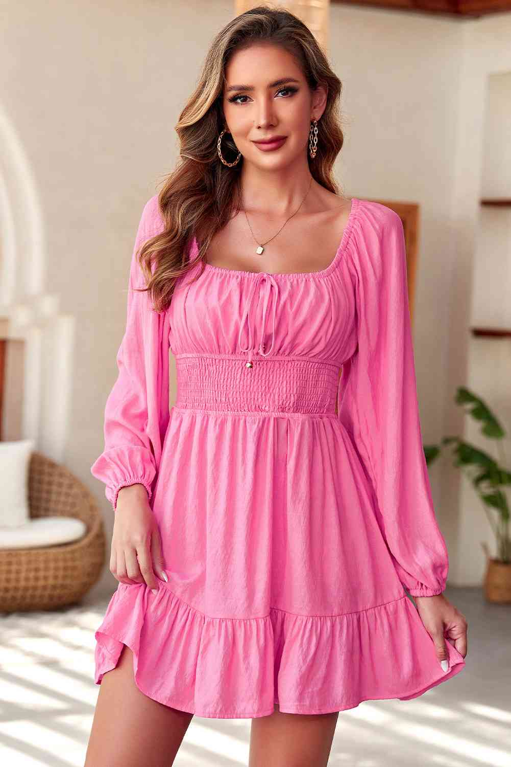Blue Zone Planet | Smocked Balloon Sleeve Off-Shoulder Mini Dress BLUE ZONE PLANET