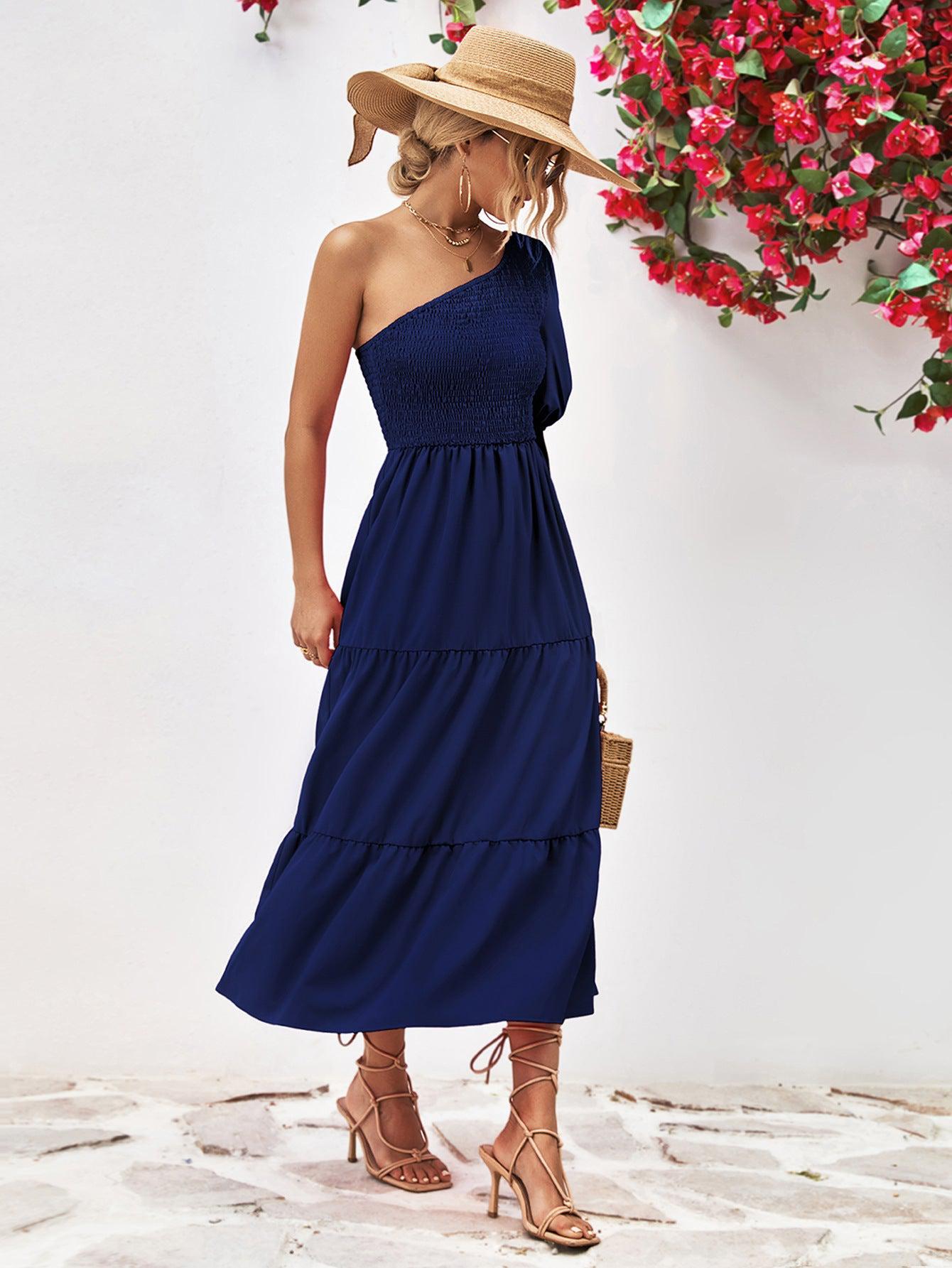 Smocked One-Shoulder Midi Dress BLUE ZONE PLANET