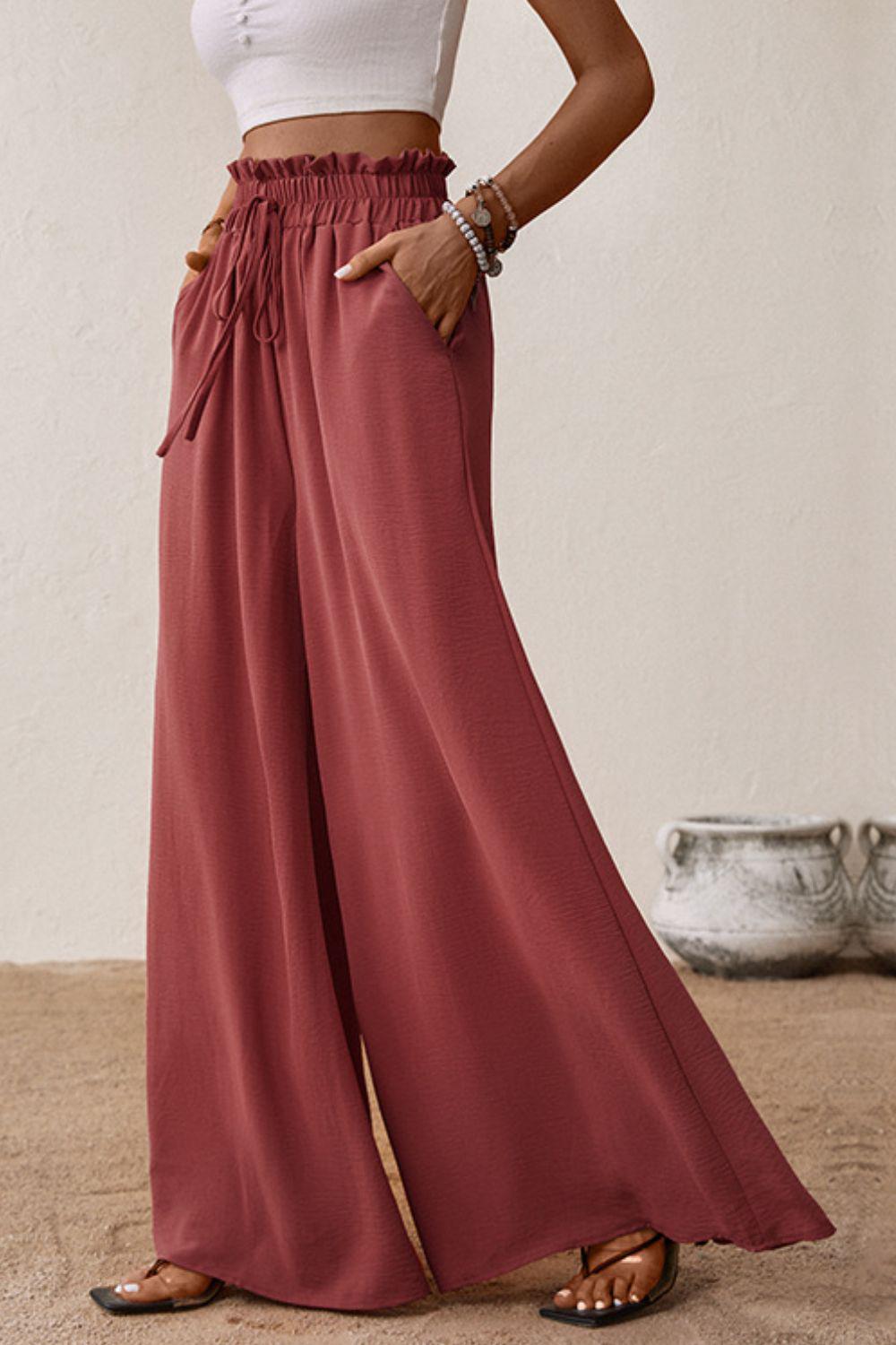 Smocked Paperbag Waist Wide Leg Pants BLUE ZONE PLANET
