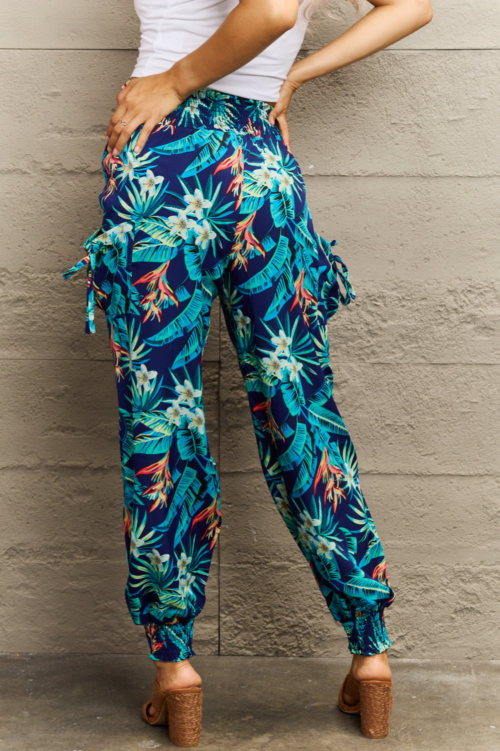 Smocked Plant Print Long Pants BLUE ZONE PLANET