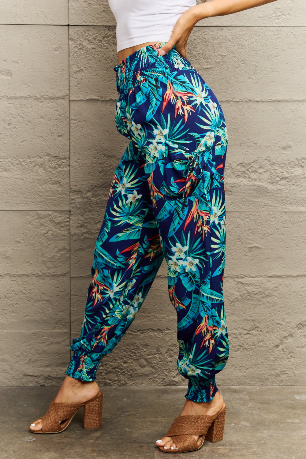 Smocked Plant Print Long Pants BLUE ZONE PLANET