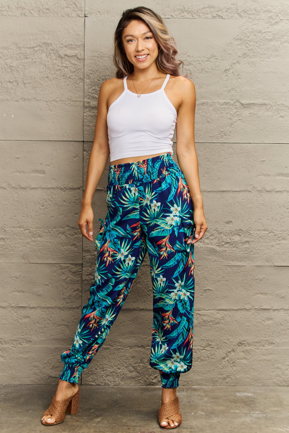 Smocked Plant Print Long Pants BLUE ZONE PLANET
