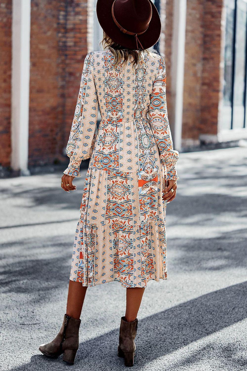Smocked Round Neck Lantern Sleeve Midi Dress BLUE ZONE PLANET