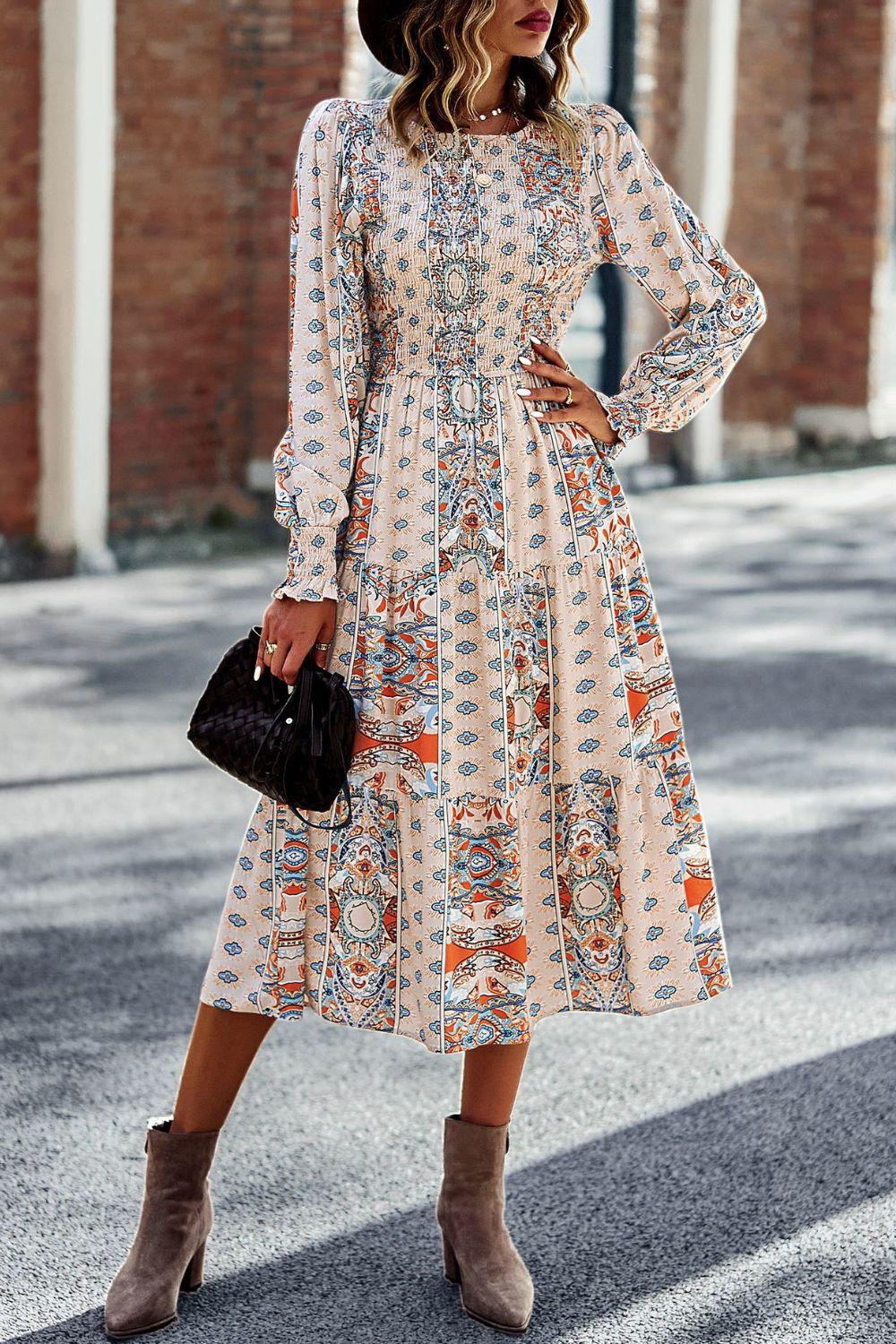 Smocked Round Neck Lantern Sleeve Midi Dress BLUE ZONE PLANET