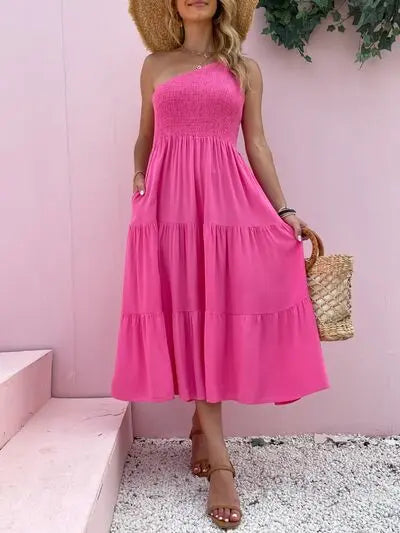 Smocked Single Shoulder Sleeveless Dress BLUE ZONE PLANET