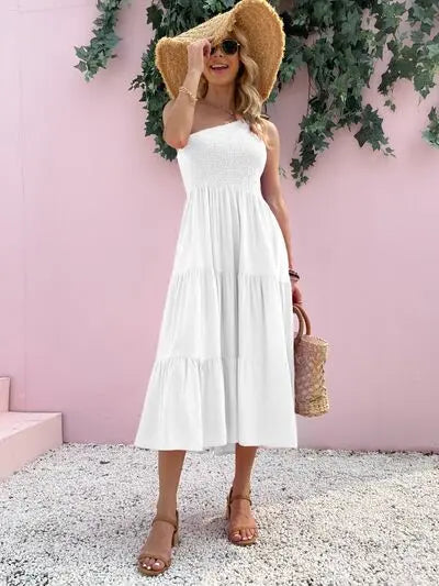 Smocked Single Shoulder Sleeveless Dress BLUE ZONE PLANET